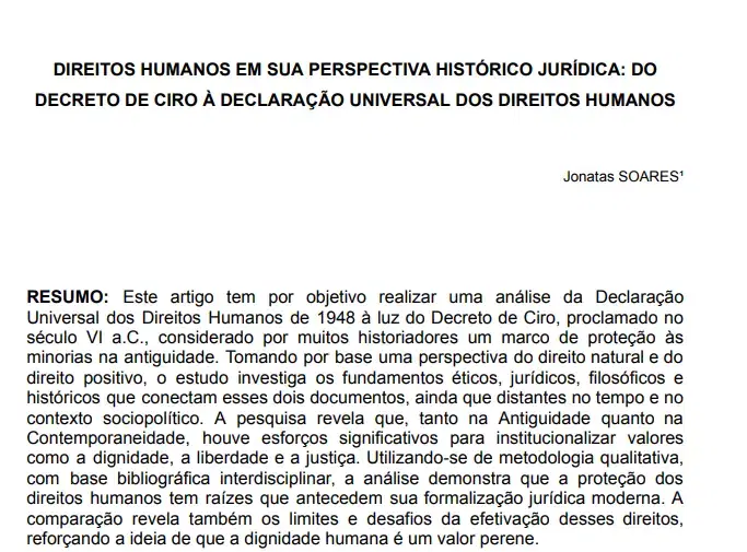 Imagem do artigo: DIREITOS HUMANOS EM SUA PERSPECTIVA HISTÓRICO JURÍDICA: DO
DECRETO DE CIRO À DECLARAÇÃO UNIVERSAL DOS DIREITOS HUMANOS
